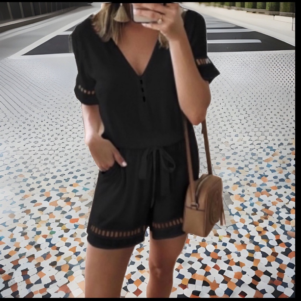 Formal Deep V Neck W/ Button Designs Elastic  Waist Belt W/ Pockets Black Romper